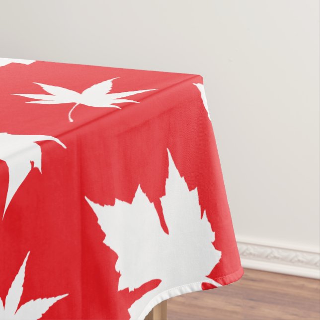 Canada Day White Maple Leaf Pattern on Red Tablecloth (In Situ)