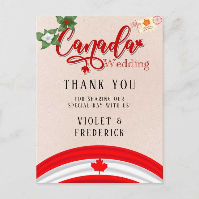 Canada Flag and Florals Wedding Thank You Postcard (Front)
