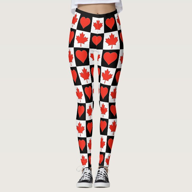 Canada Flag Heart Pattern Cute Patriotic Canadian Leggings (Front)