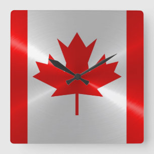 Canada Flag Metallic Metal Square Wall Clock