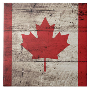 Canada Flag on Old Wood Grain Tile
