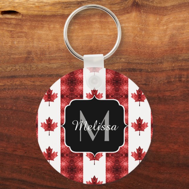 Canada flag red sparkles pattern Monogram Key Ring (Front)