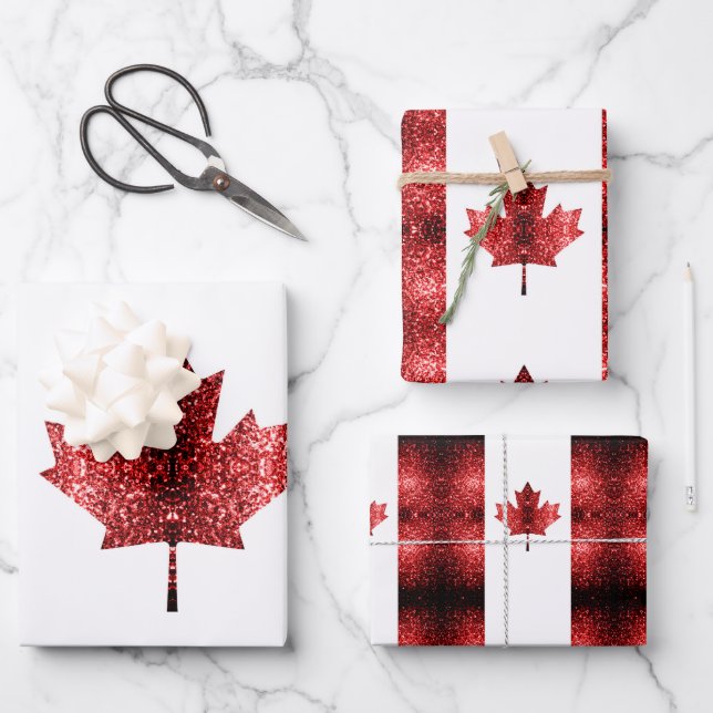 Canada flag red sparkles pattern wrapping paper sheet (Front)