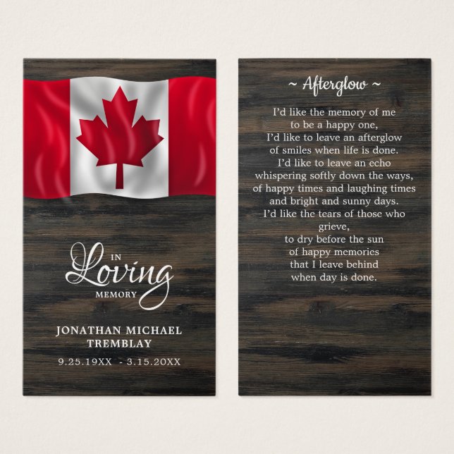 Canada Flag Sympathy Memorial Funeral Prayer Card (Front & Back)