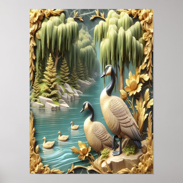Canada Geese Amidst the Weeping Willows 12x16 Poster (Front)