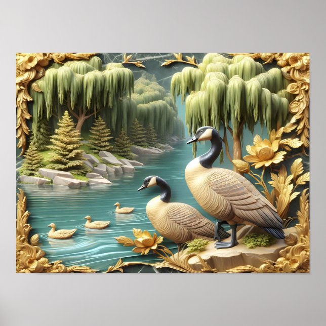 Canada Geese Amidst the Weeping Willows 16x12 Poster (Front)