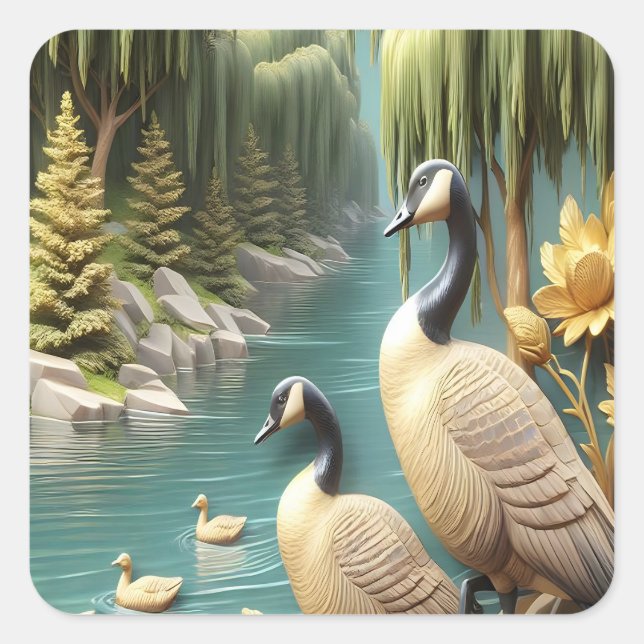 Canada Geese Amidst the Weeping Willows 16x20 Square Sticker (Front)