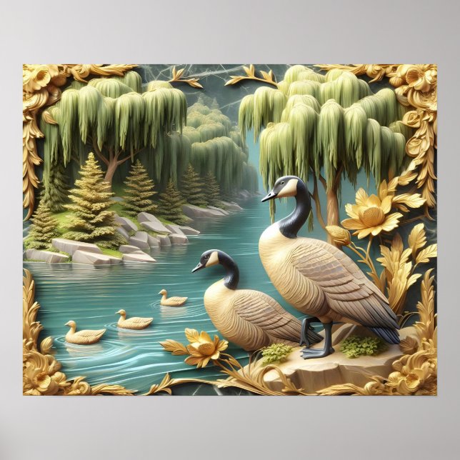 Canada Geese Amidst the Weeping Willows 20x16 Poster (Front)