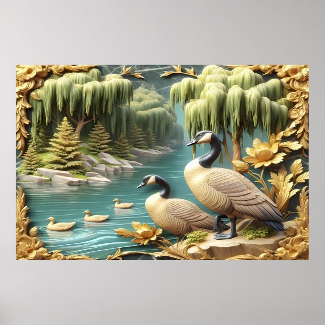 Canada Geese Amidst the Weeping Willows 36x24 Poster (Front)