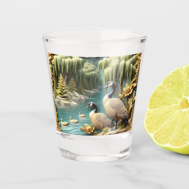 Canada Geese Amidst the Weeping Willows  Shot Glass (Front)