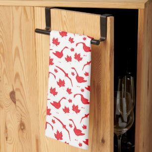 Canada Geese and Maple Leaves - Canadian flag red. Tea Towel