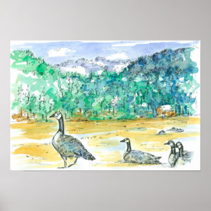 Canada Geese Blue Mountains Watercolor Sketch Art Poster