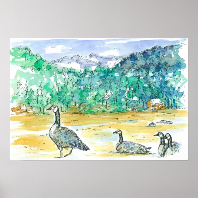 Canada Geese Blue Mountains Watercolor Sketch Art Poster (Front)