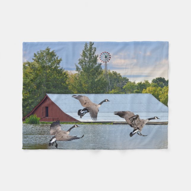 Canada Geese Landing On The Pond Fleece Blanket (Front (Horizontal))