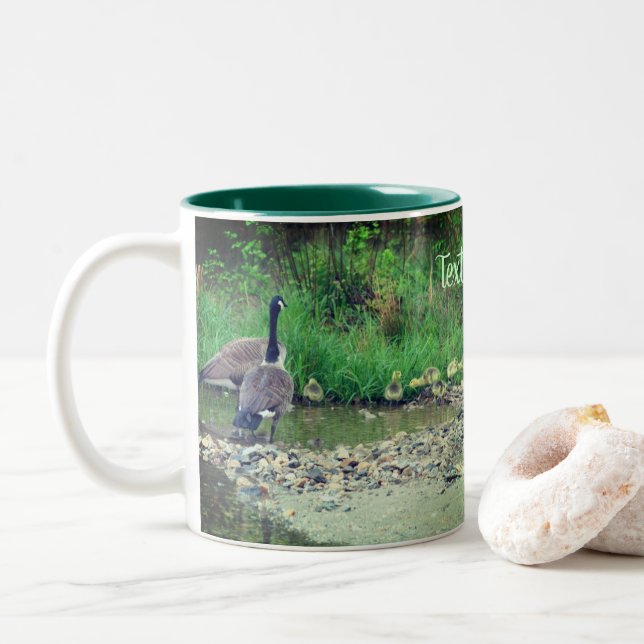 Canada Geese Mum Dad Babies Nature Personalised Two-Tone Coffee Mug (With Donut)