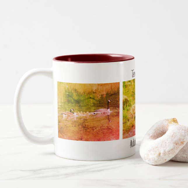 Canada Goose Family Album Nature Art Personalised Two-Tone Coffee Mug (With Donut)