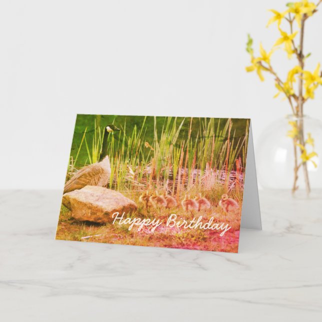 Canada Goose Family Nature Art Birthday Card (Yellow Flower)