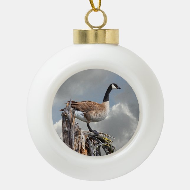 CANADA GOOSE ON A SNAG CERAMIC BALL CHRISTMAS ORNAMENT (Front)