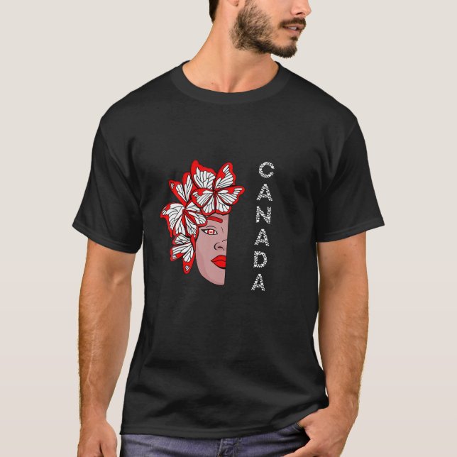 Canada Half Face Woman Butterfly Maple Leaf Canadi T-Shirt (Front)