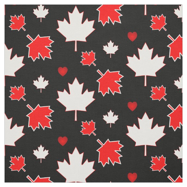 Canada Maple Leaf with Hearts on Black Fabric (Swatch)