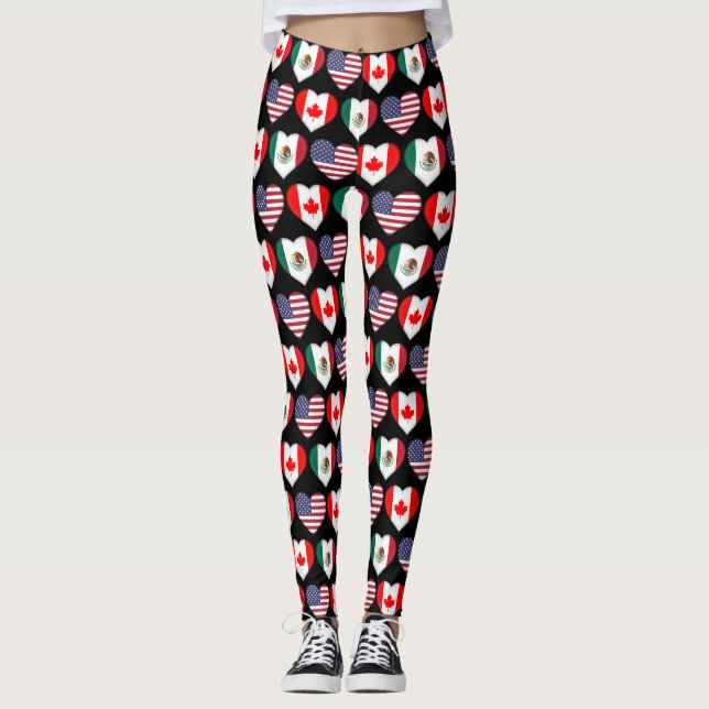 Canada Mexico USA 2026 Country Flags Hearts Leggings (Front)