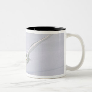Canada, Quebec. Snowy owl flies low over snow. Two-Tone Coffee Mug