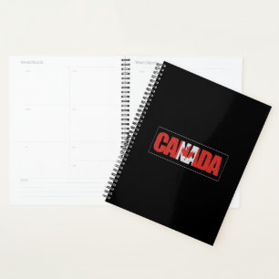 Canada, red and white text and maple leaf, planner