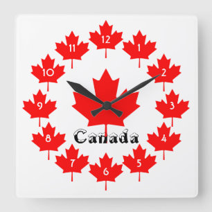Canada Red Maple Leaf Pattern w Snow Fun Canadian Square Wall Clock