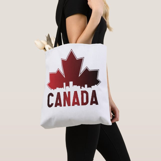 Canada Skyline Gradient Maple Leaf Patriotic Tote Bag (Close Up)