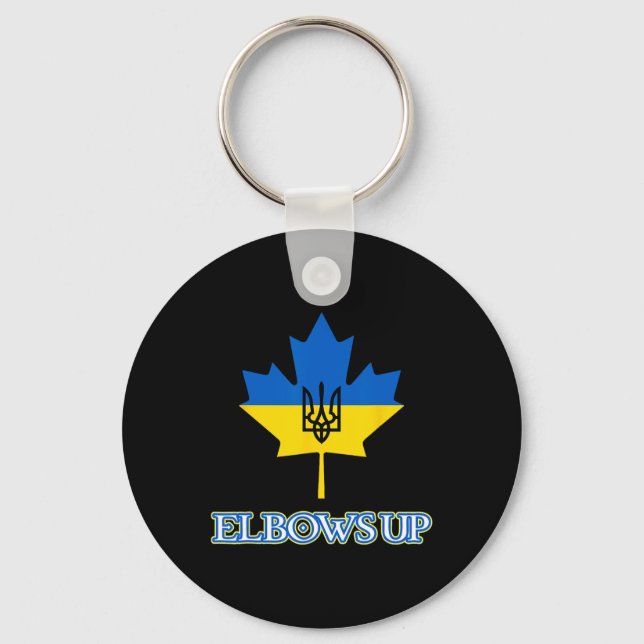 Canada Supports Ukraine Elbows Up Maple Leaf Tride Key Ring (Front)