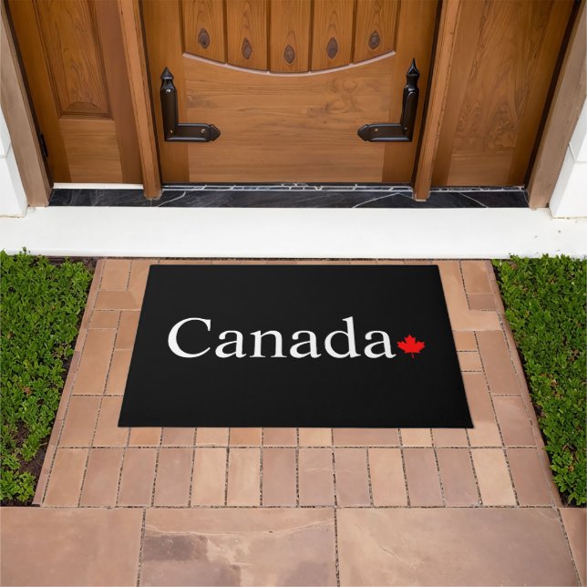 Canada typography with red maple leaf Black Doormat (Outdoor)