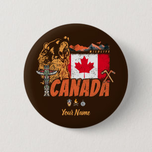 Canada Vintage Flag And Grizzly Bear Holiday 6 Cm Round Badge