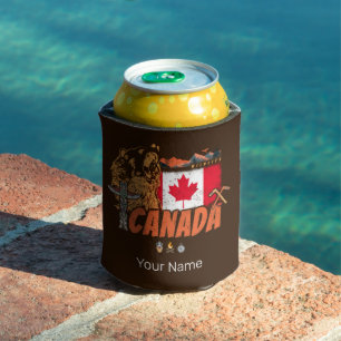 Canada Vintage Flag And Grizzly Bear Holiday Can Cooler