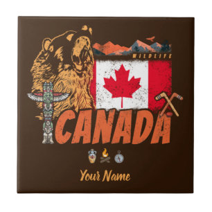 Canada Vintage Flag And Grizzly Bear Holiday Tile
