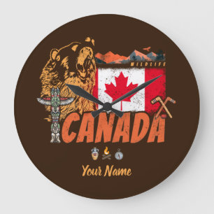 Canada vintage flag and grizzly bear souvenir large clock