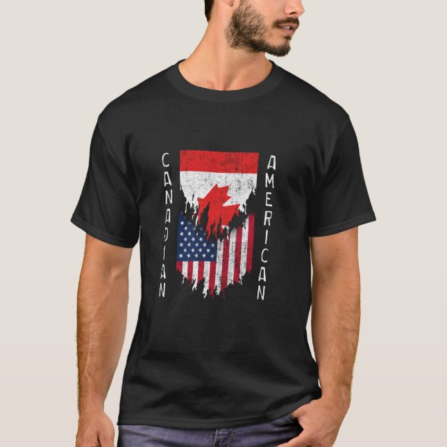 Canadian American Flags Ripped Torn Canada T-Shirt (Front)