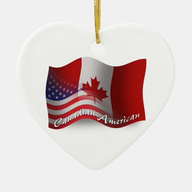 Canadian-American Waving Flag Ceramic Tree Decoration (Front)