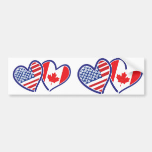 Canadian and America Flag Hearts Bumper Sticker
