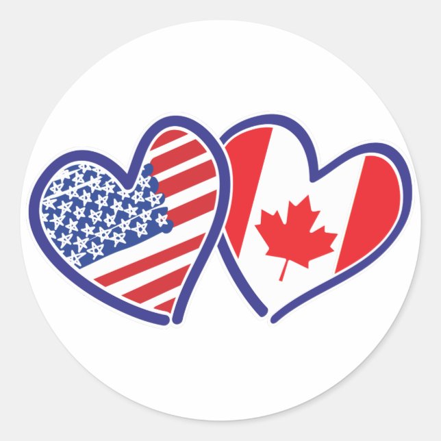 Canadian and America Flag Hearts Classic Round Sticker (Front)