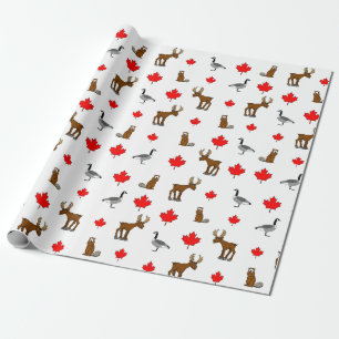 Canadian Animals And Maple Leaves Wrapping Paper