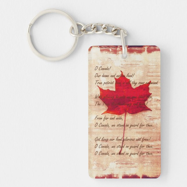 Canadian anthem on grunge background with red mapl key ring (Front)
