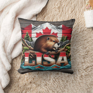 Canadian Beaver Amongst Trees and Mountains Cushion