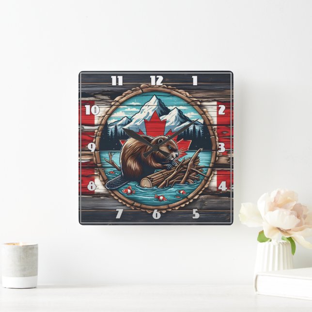 Canadian Beaver Building a Dam by Mountain Lake Square Wall Clock (Home)