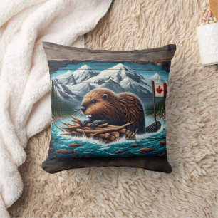 Canadian Beaver Building a Lodge Cushion