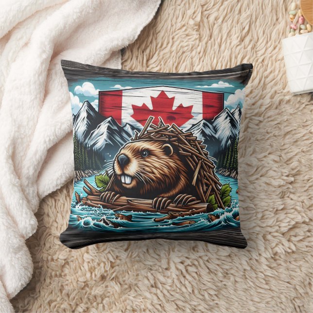Canadian Beaver Building Dam in Rocky Landscape Cushion (Blanket)