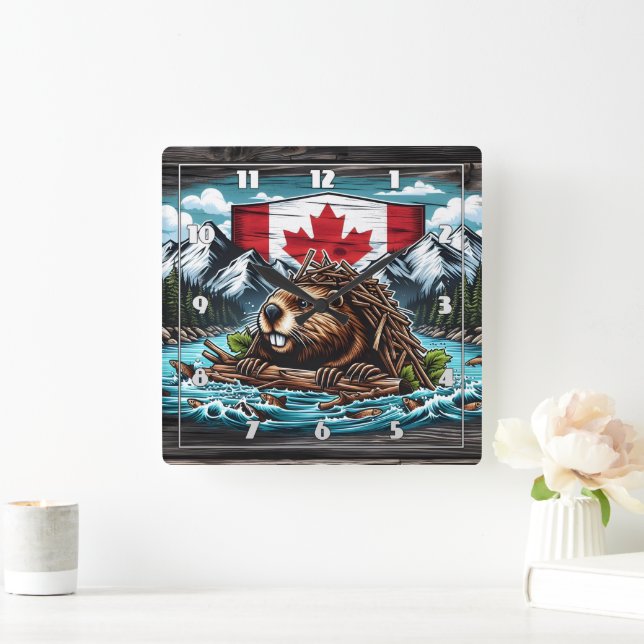 Canadian Beaver Building Dam in Rocky Landscape Square Wall Clock (Home)
