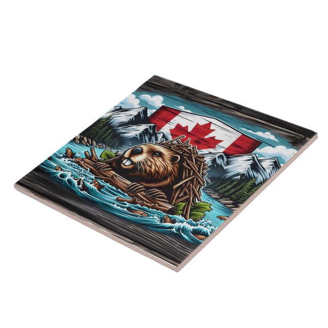 Canadian Beaver Building Dam in Rocky Landscape Tile (Side)