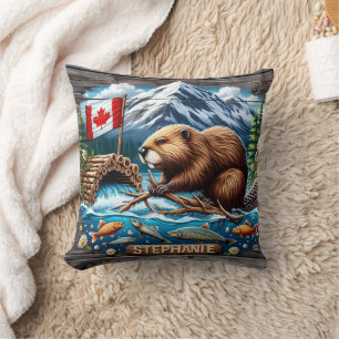 Canadian Beaver Building Dam Near Mountain Stream Cushion