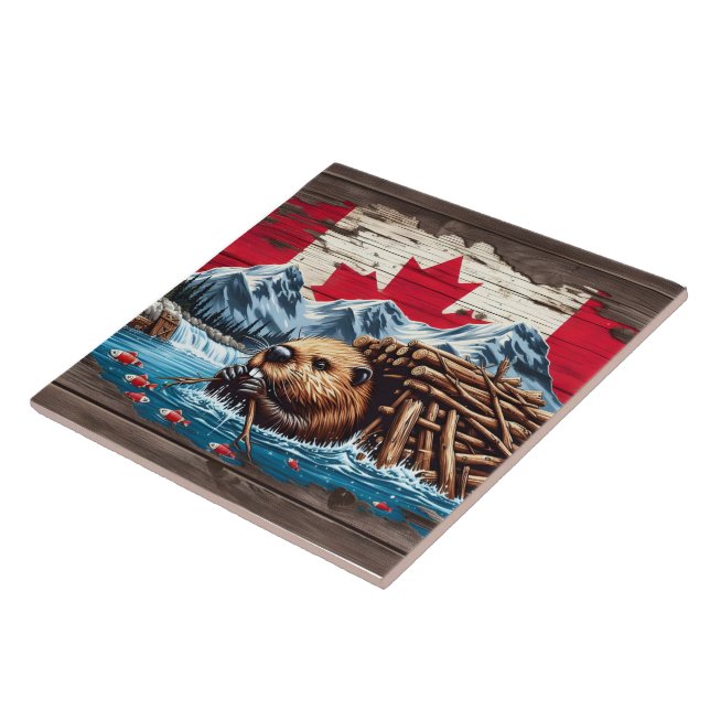 Canadian Beaver Building Its Lodge by Water Tile (Side)
