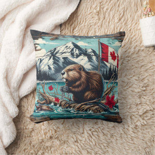 Canadian Beaver by Lake With Mountain Backdrop Cushion